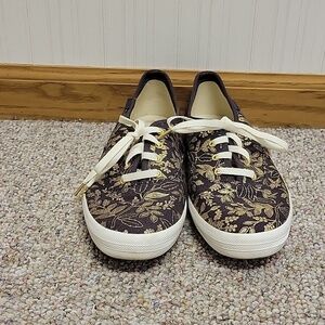 Keds X Rifle Paper Co Black Canvas Sneakers with Gold Leaf Pattern Sz 10